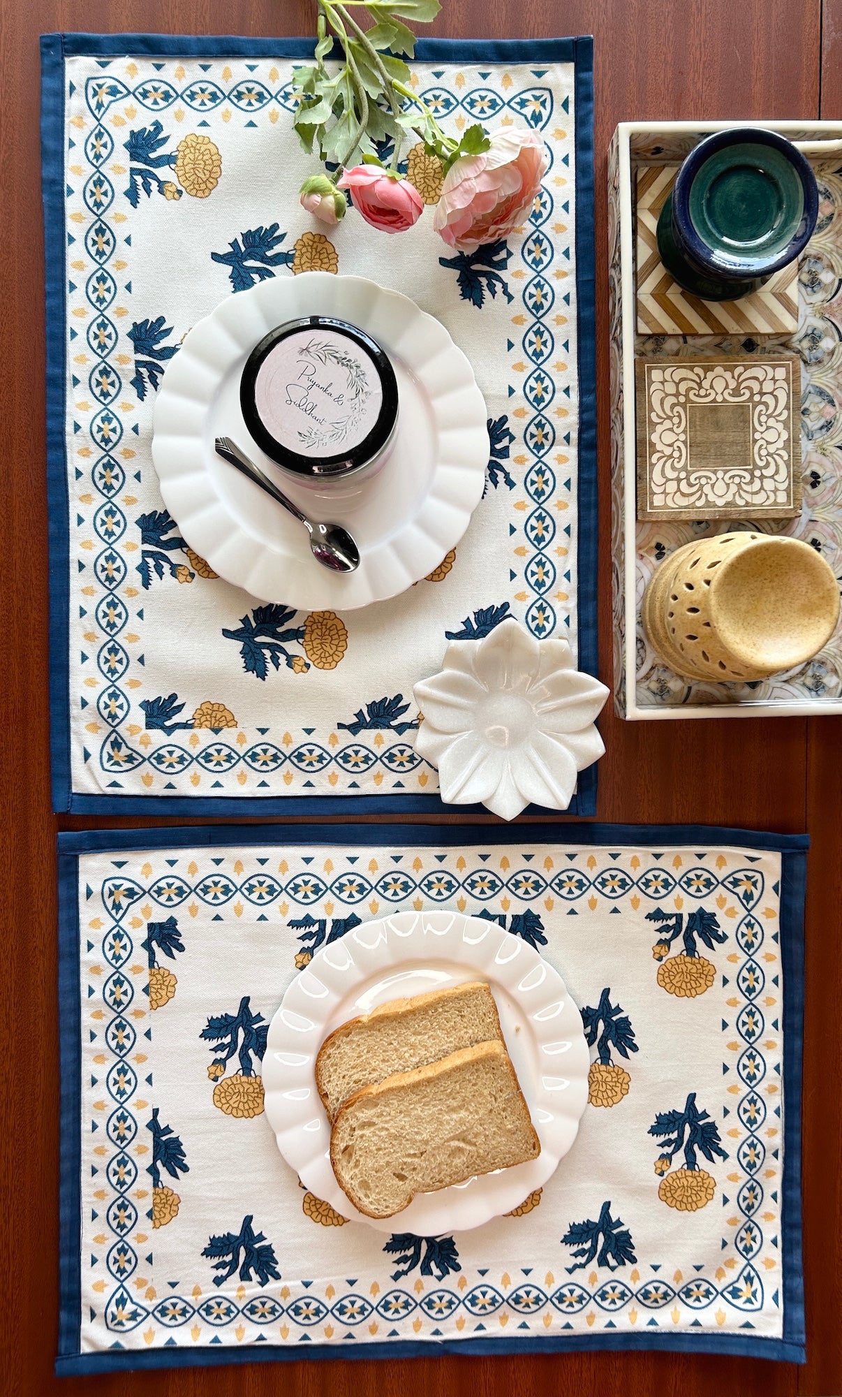 Teal Blush Cotton Table Mats 12x18 Inches - Set of 2,4,6