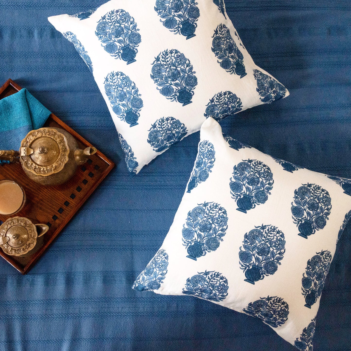 Blue Motif Cotton Cushion Covers - Set of 2 & 5 16x16 Inches