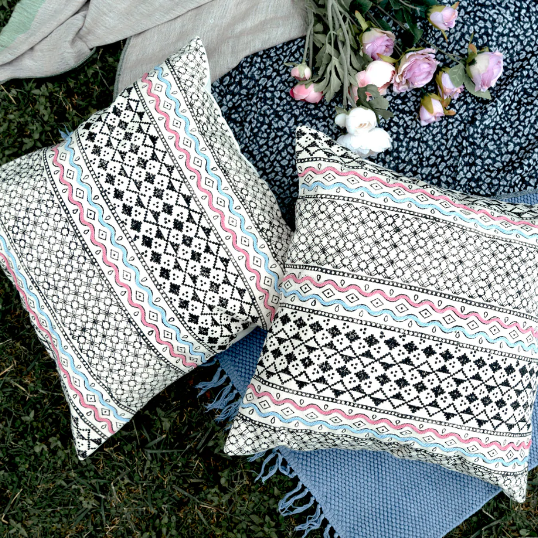 Block Printed Dori Cushion Cover 16x16 inch