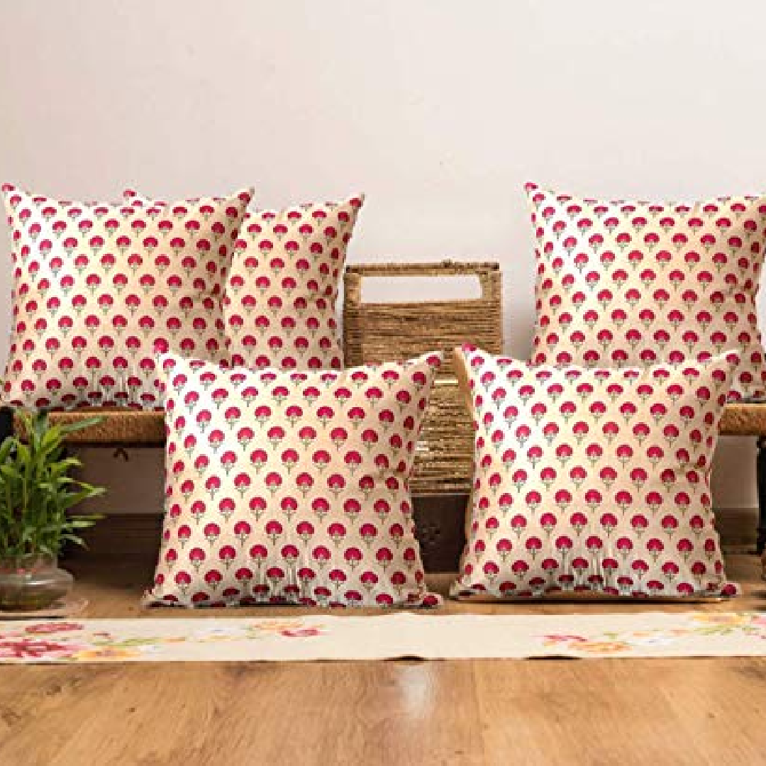 Chanderi Fuchsia Booti Cushion Cover 16x16 Inches - Set of 2 & 5