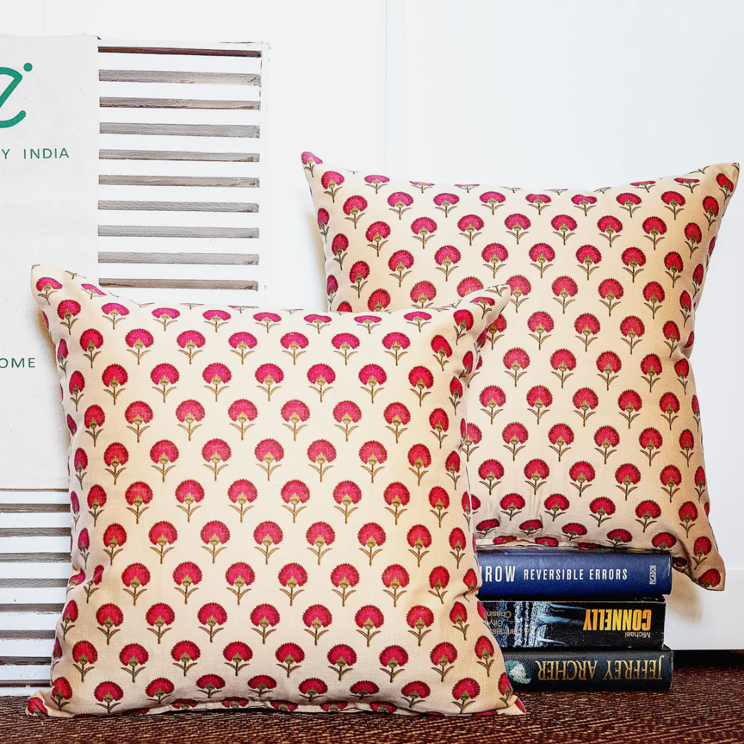 Chanderi Fuchsia Booti Cushion Cover 16x16 Inches - Set of 2 & 5