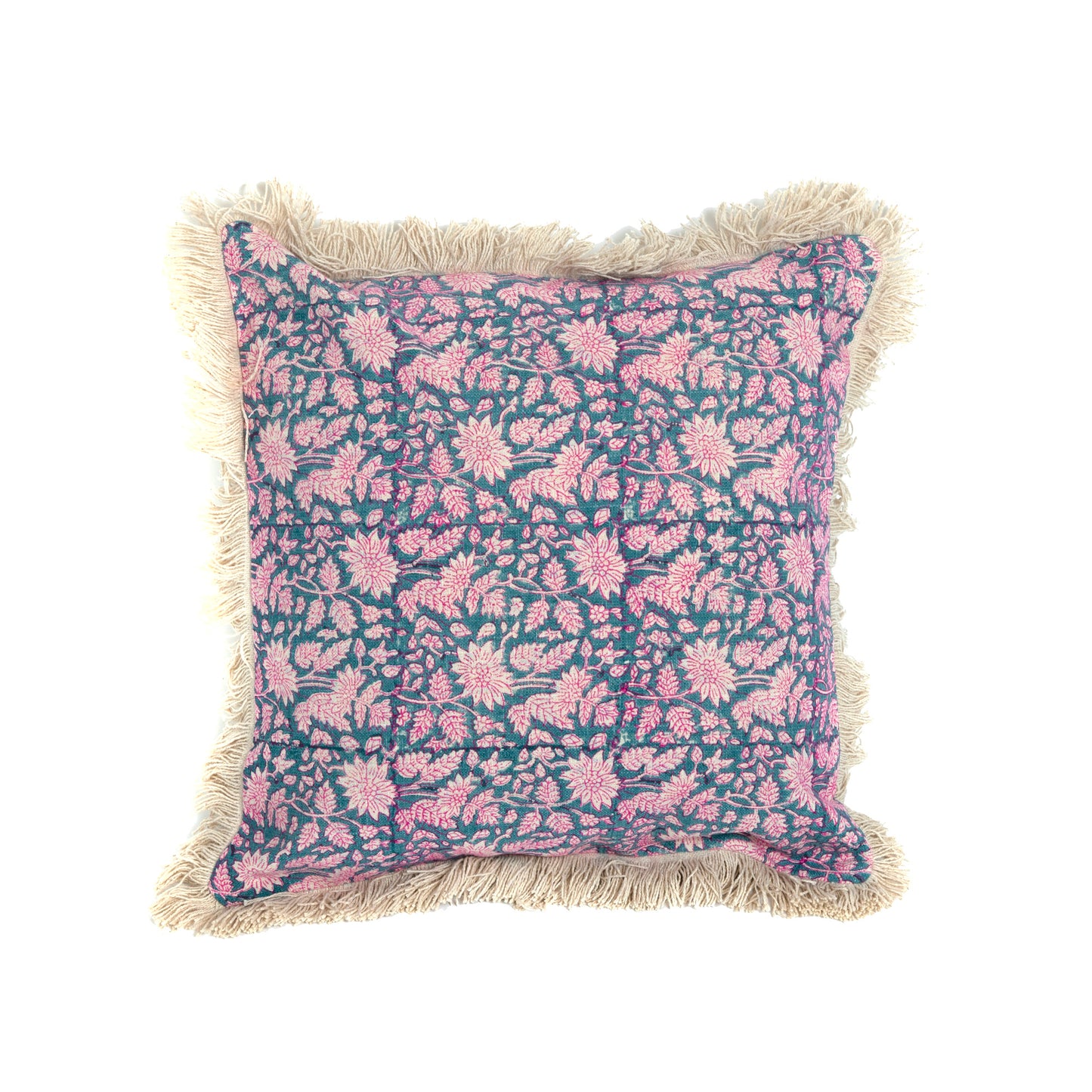 Block Printed Blue Iris Cushion Cover 16x16 Inch