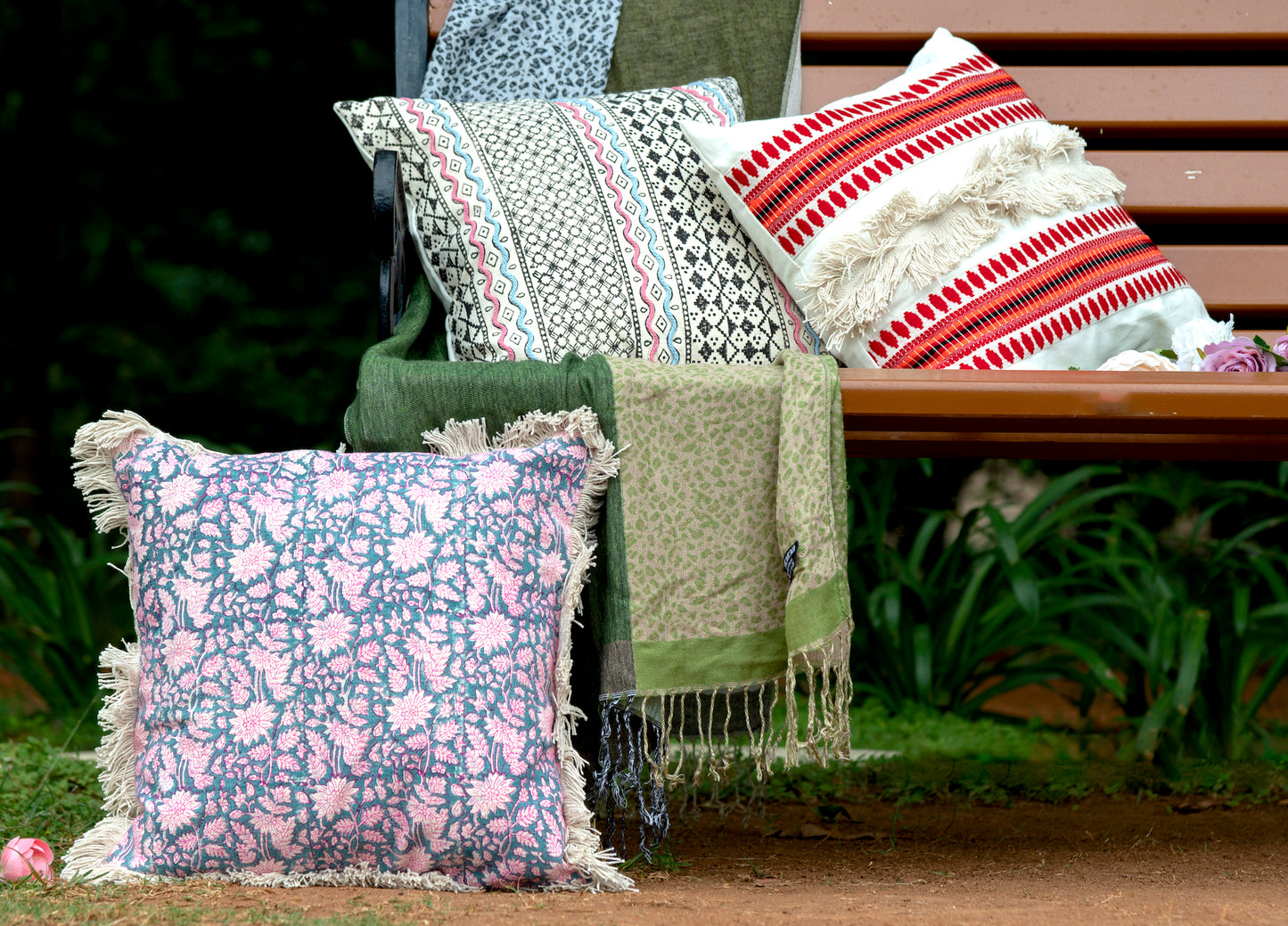 Block Printed Blue Iris Cushion Cover 16x16 Inch