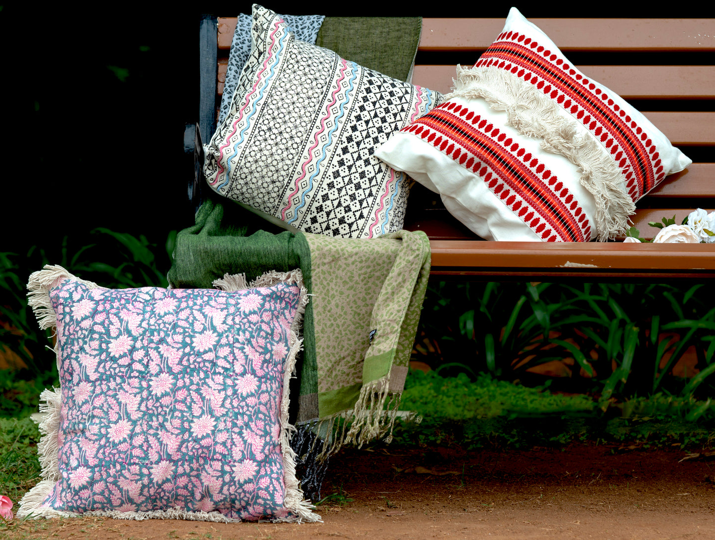 Block Printed Blue Iris Cushion Cover 16x16 Inch