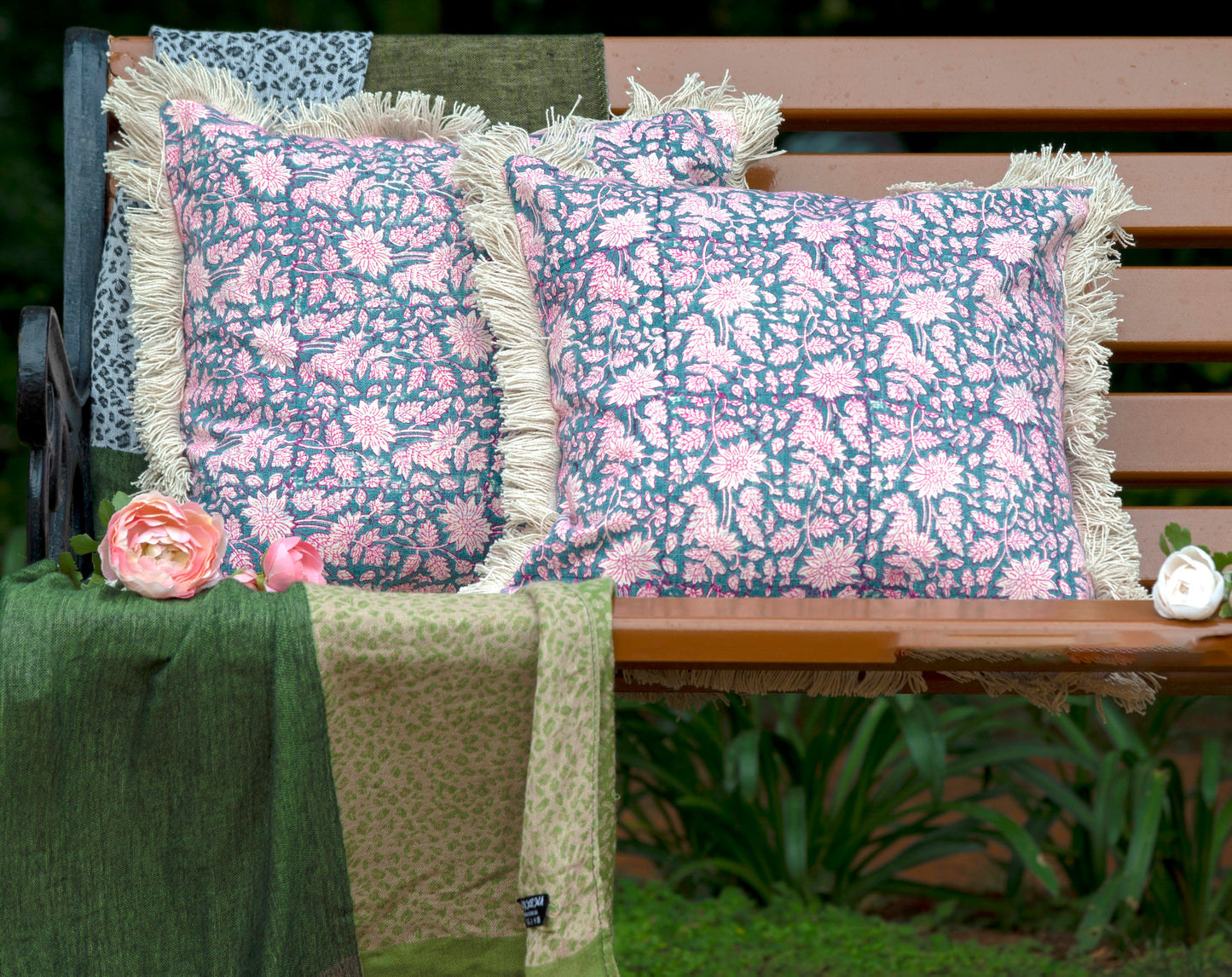 Block Printed Blue Iris Cushion Cover 16x16 Inch