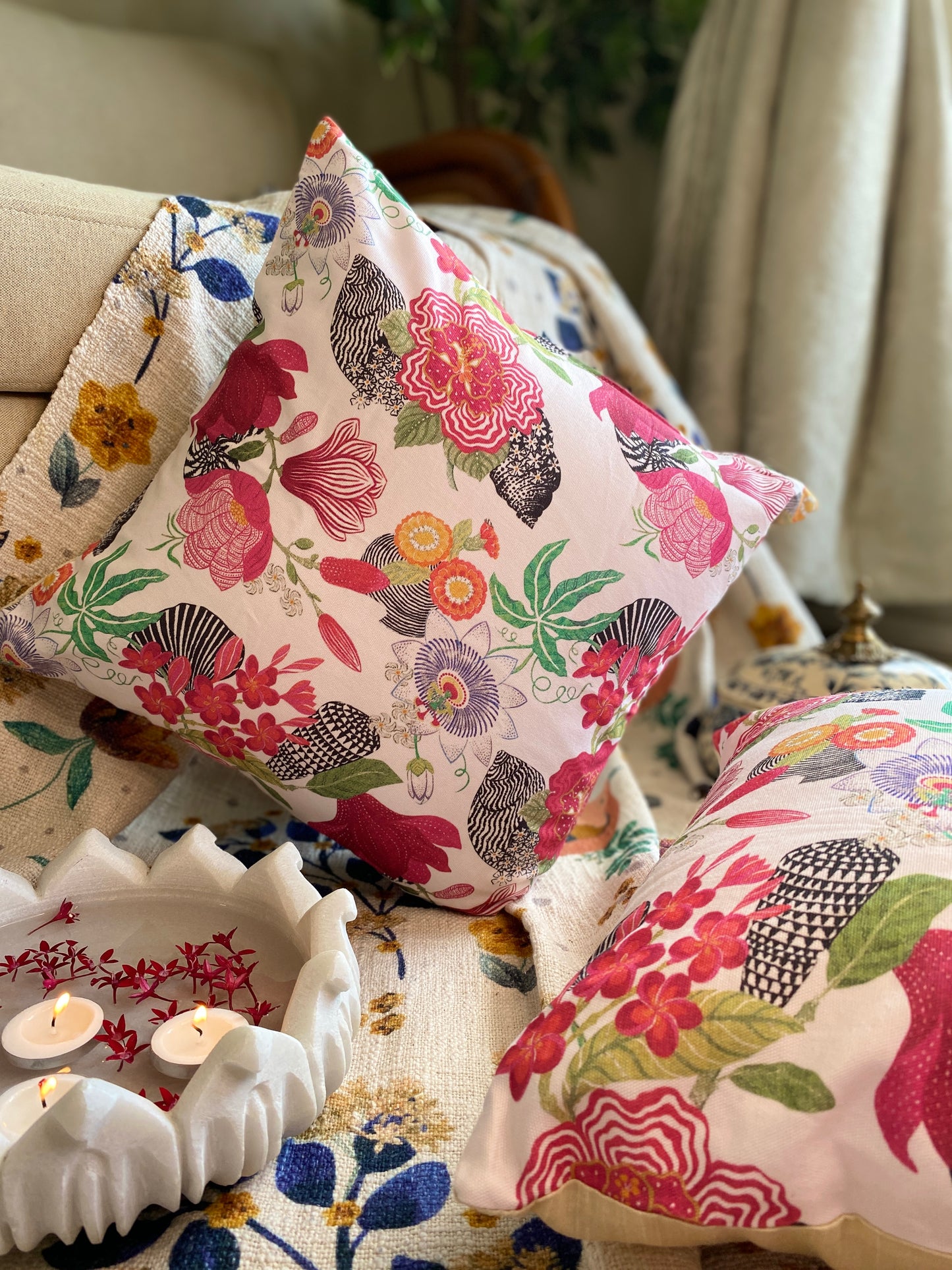 Pink Blossom Cotton Cushion Covers - Set of 2 & 5  16x16 Inches