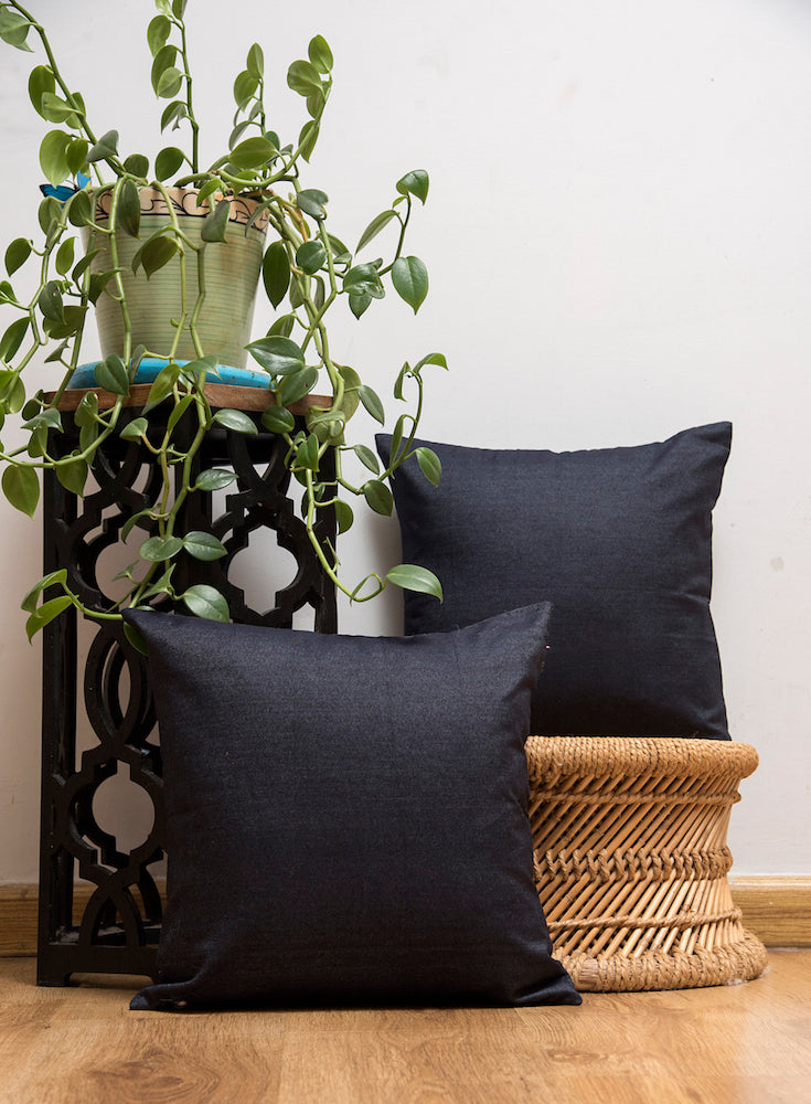 Navy Blue Cotton Denim Cushion Cover 16x16, 18x18 Inches - Set of 2