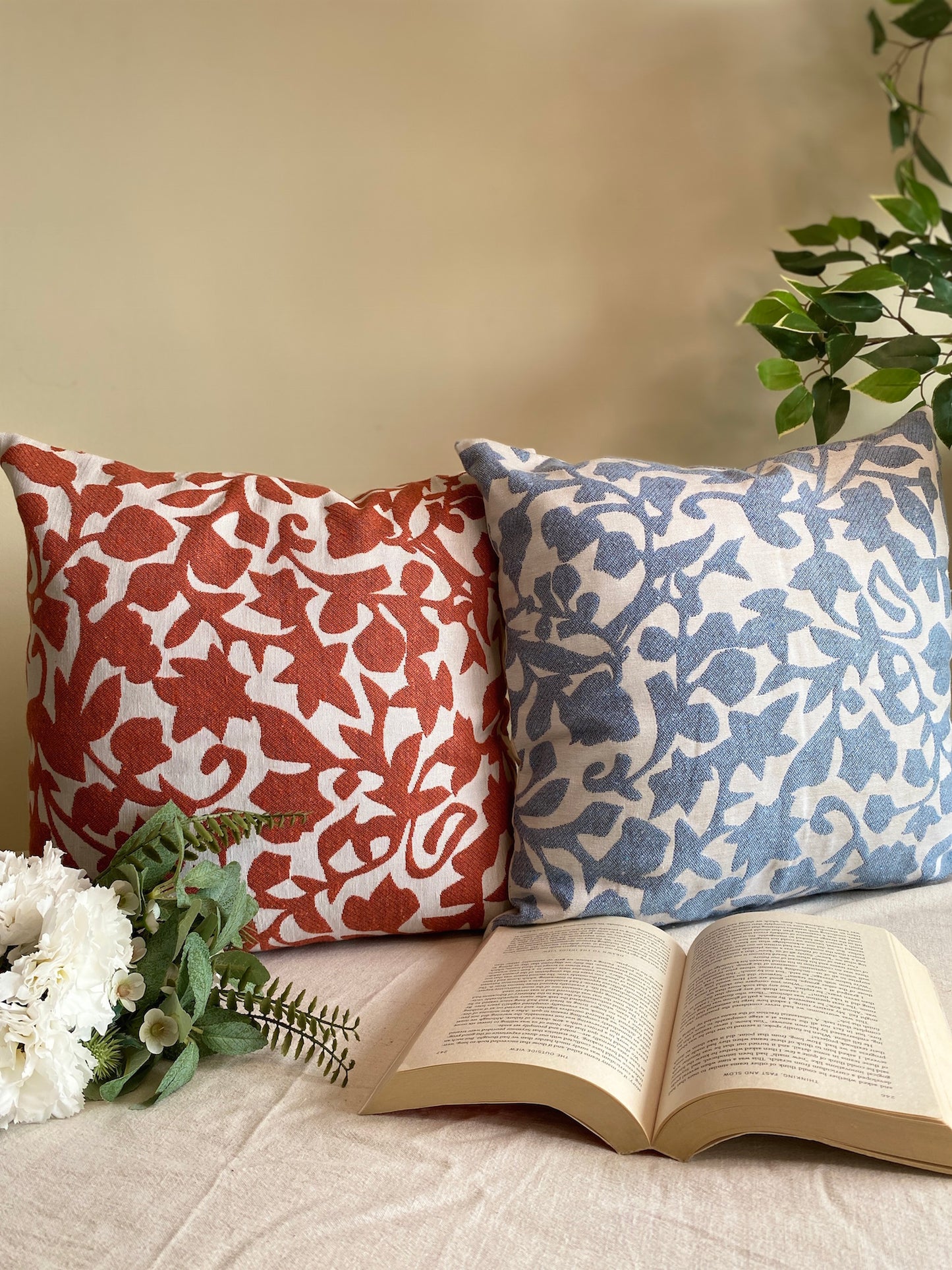 Blue Leaf Double Sided Cotton Cushion Cover - Pack of 2