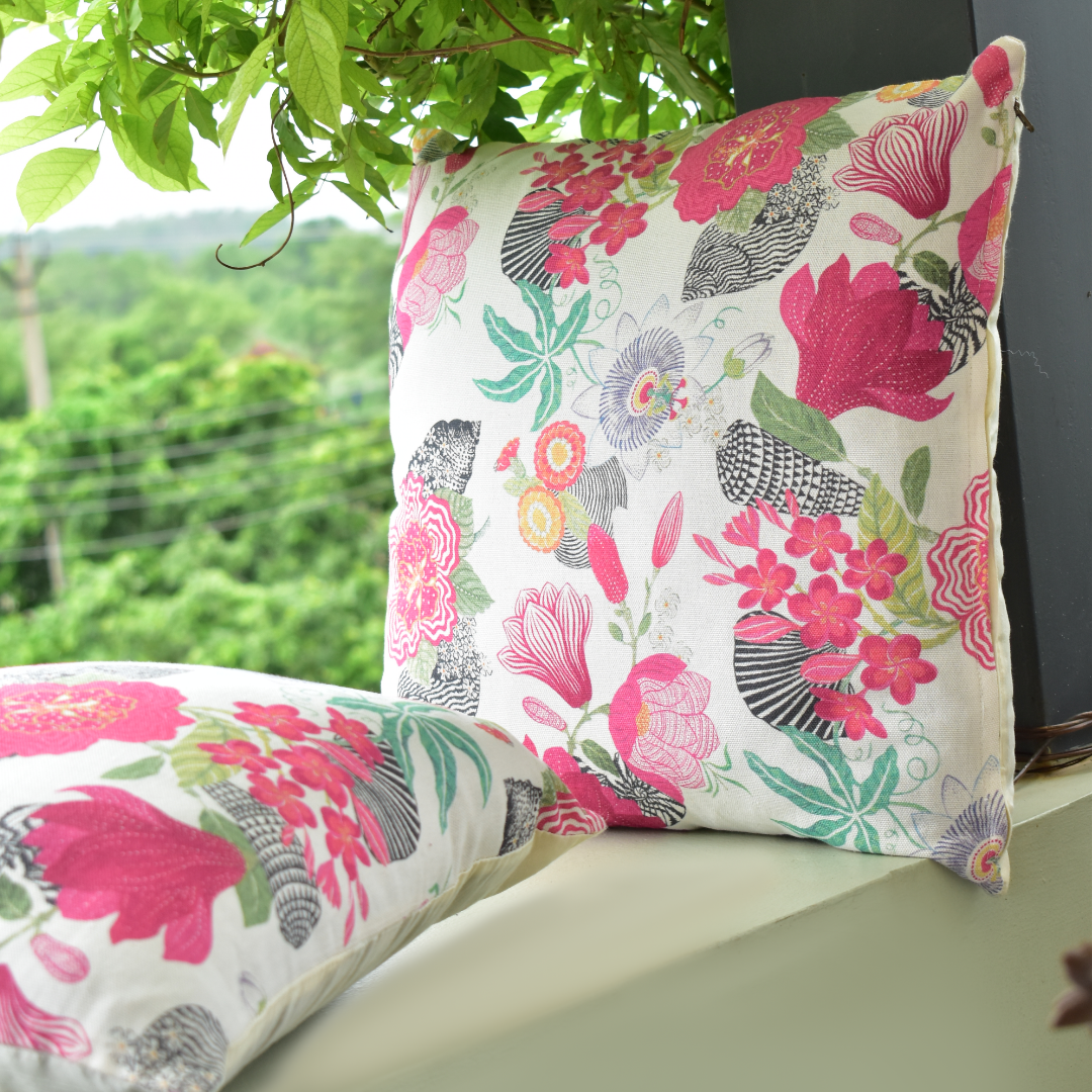 Pink Blossom Cotton Cushion Cover 16x16 Inches - Set of 2 & 5